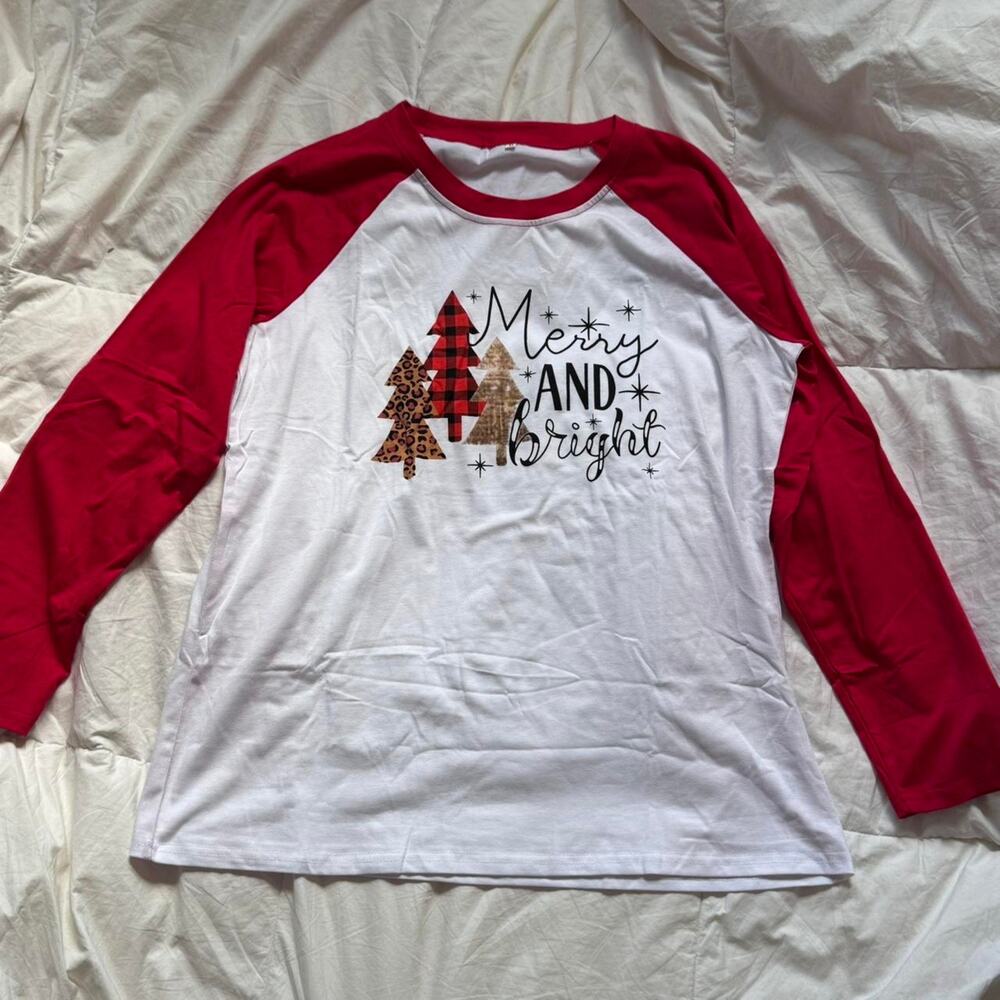 Merry and bright raglan shirt sz XL plaid christmas trees baseball tee holiday